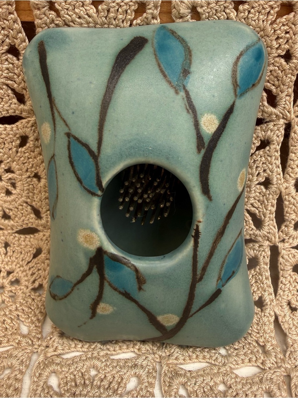 Vintage Studio Pottery Pillow Ikebana Vase Flower Frog Stamped MK Blue Teal - Picture 8 of 11